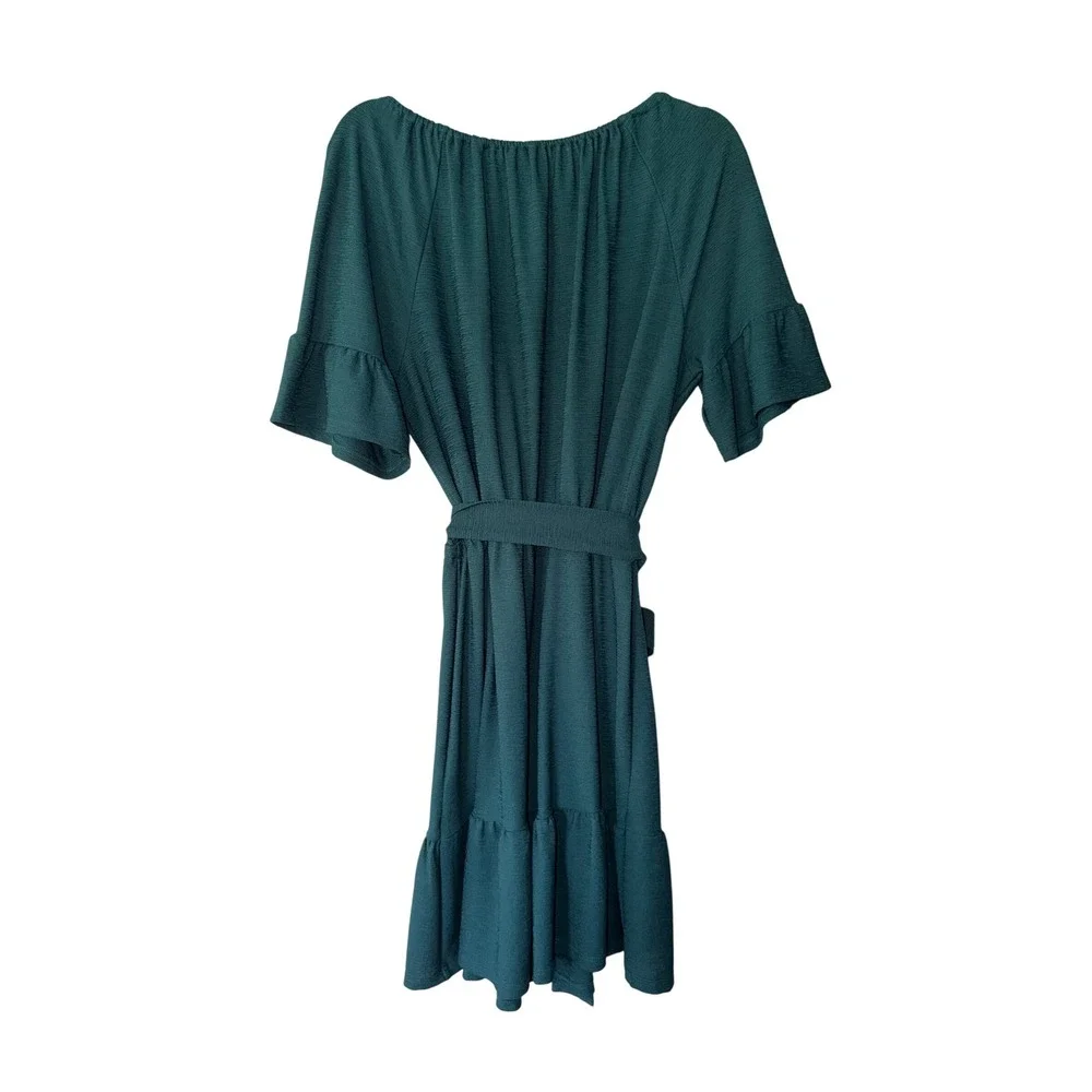 Michael Kors Teal Green Ruffle Sleeve Mini Dress Gold Ring Detail XL